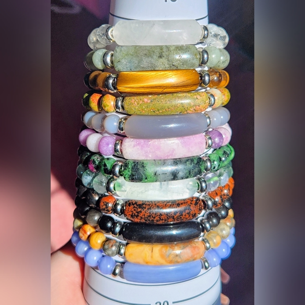 Genuine Crystal Beaded Bangle Stretch Bracelet Agate Quartz Obsidian Ruby Gem - Picture 3 of 10